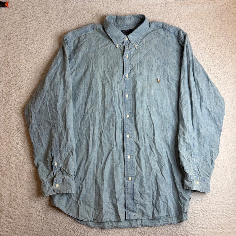 Polo Ralph Lauren Mens 2XB Blue Chambray Cotton Button Down Shirt Long Sleeve